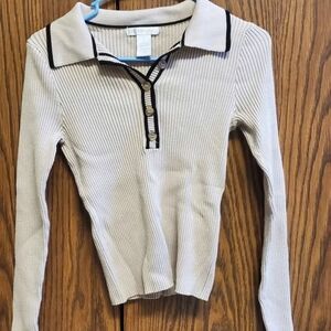 Beige Ribbed Long Sleeve Polo Top